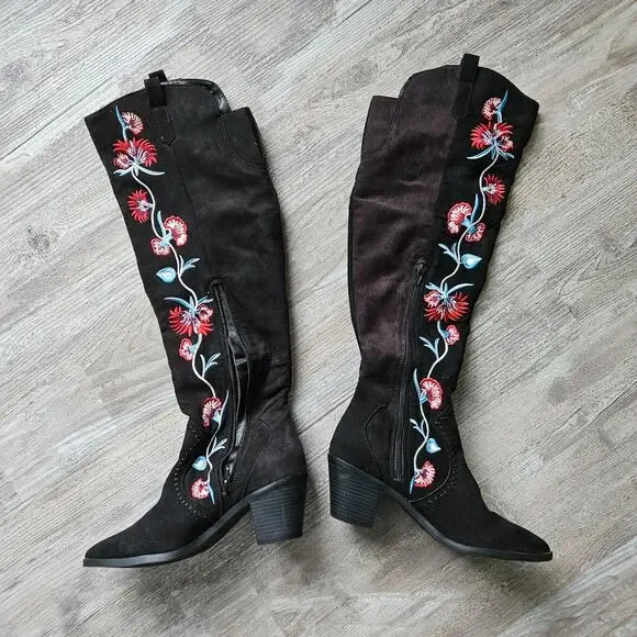 Carlos by Carlos Santana Black Over the Knee Boots with Red Floral Embroidery - Picture 2 of 15